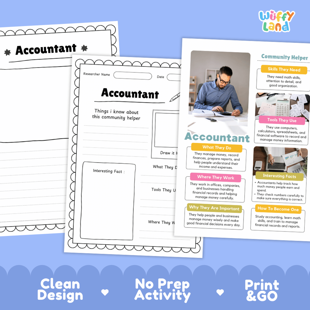 Educational reference poster with real photography showing accountant duties, calculator and spreadsheet tools, office workplace, and career facts