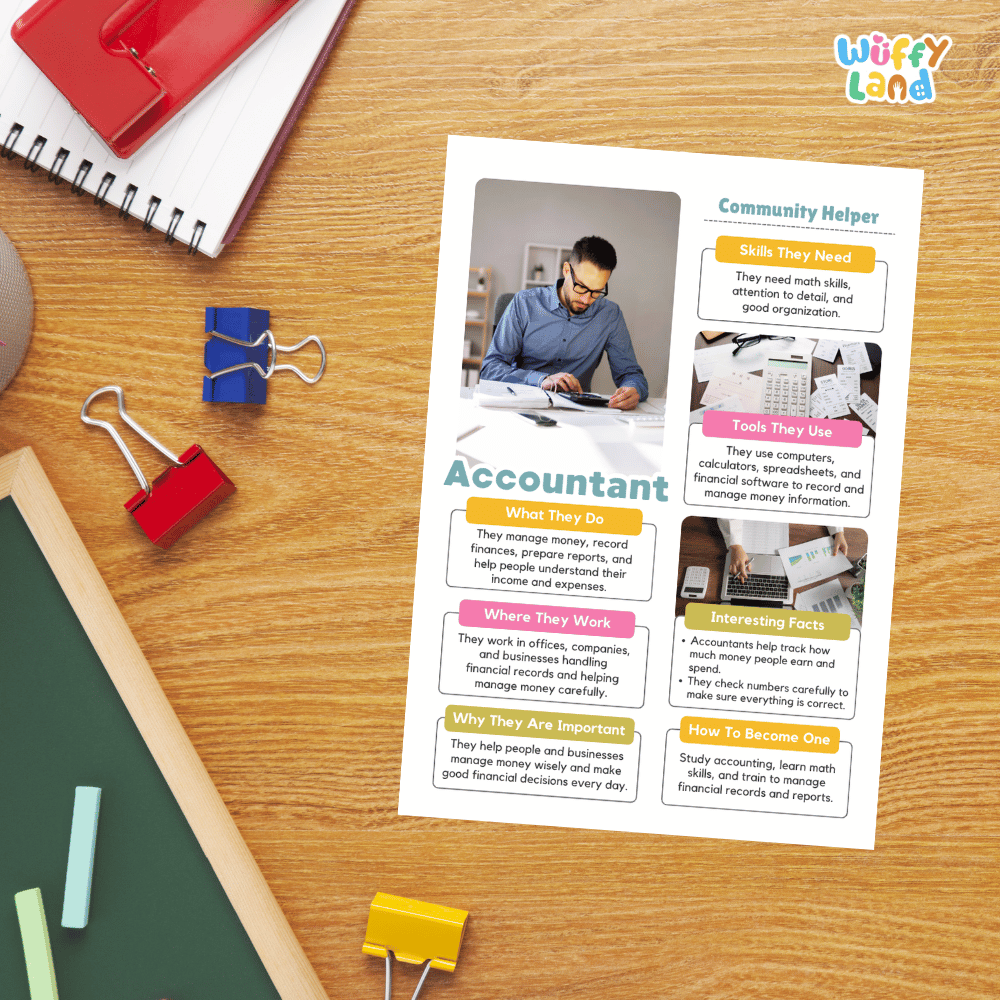 Guided student writing worksheets with lined sections for recording facts and a dedicated box for drawing or pasting a picture of an accountant