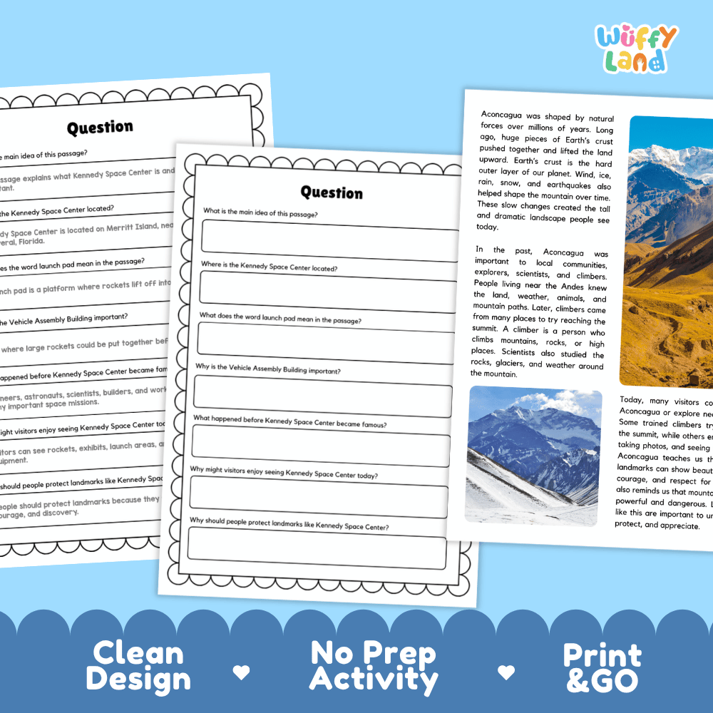 Student reading passage titled Aconcagua South America's Highest Mountain featuring factual paragraphs about the Andes range and mountain photography