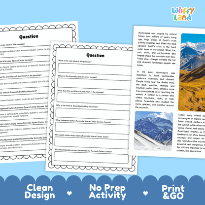 Student reading passage titled Aconcagua South America's Highest Mountain featuring factual paragraphs about the Andes range and mountain photography