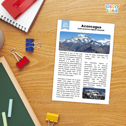 Lined reading comprehension questions worksheet covering main ideas vocabulary and facts about Mount Aconcagua for elementary students