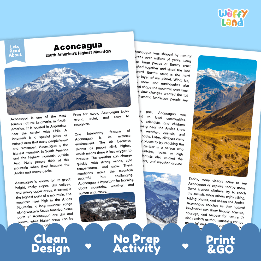 Reference sheet and answer key for Aconcagua landmark reading passage displaying completed comprehension answers and geographic information