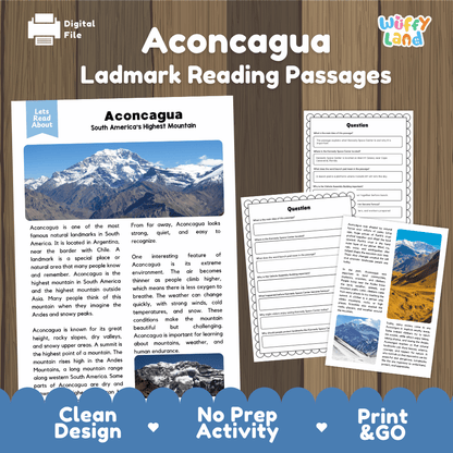 Aconcagua South America's highest mountain landmark reading passages printable study unit featuring informational text worksheets and real mountain photography