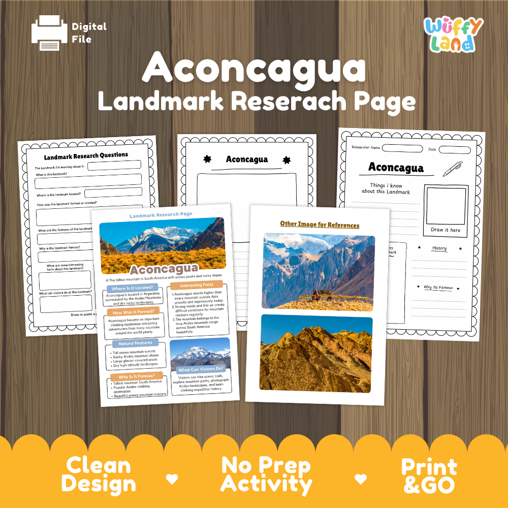 A digital preview of an educational worksheet set titled 'Aconcagua Landmark Research Page' by Wiffy Land, displayed on a wood-grain background with a yellow banner at the bottom.