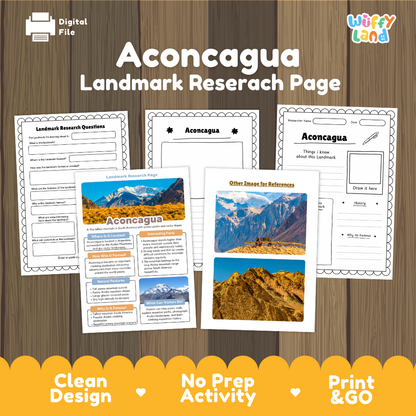 A digital preview of an educational worksheet set titled 'Aconcagua Landmark Research Page' by Wiffy Land, displayed on a wood-grain background with a yellow banner at the bottom.