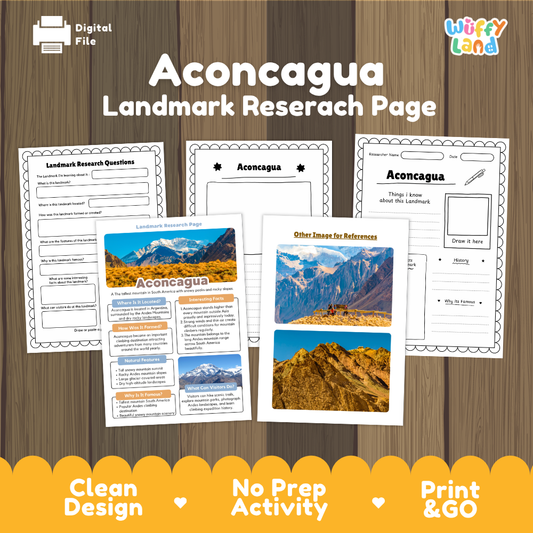 A digital preview of an educational worksheet set titled 'Aconcagua Landmark Research Page' by Wiffy Land, displayed on a wood-grain background with a yellow banner at the bottom.