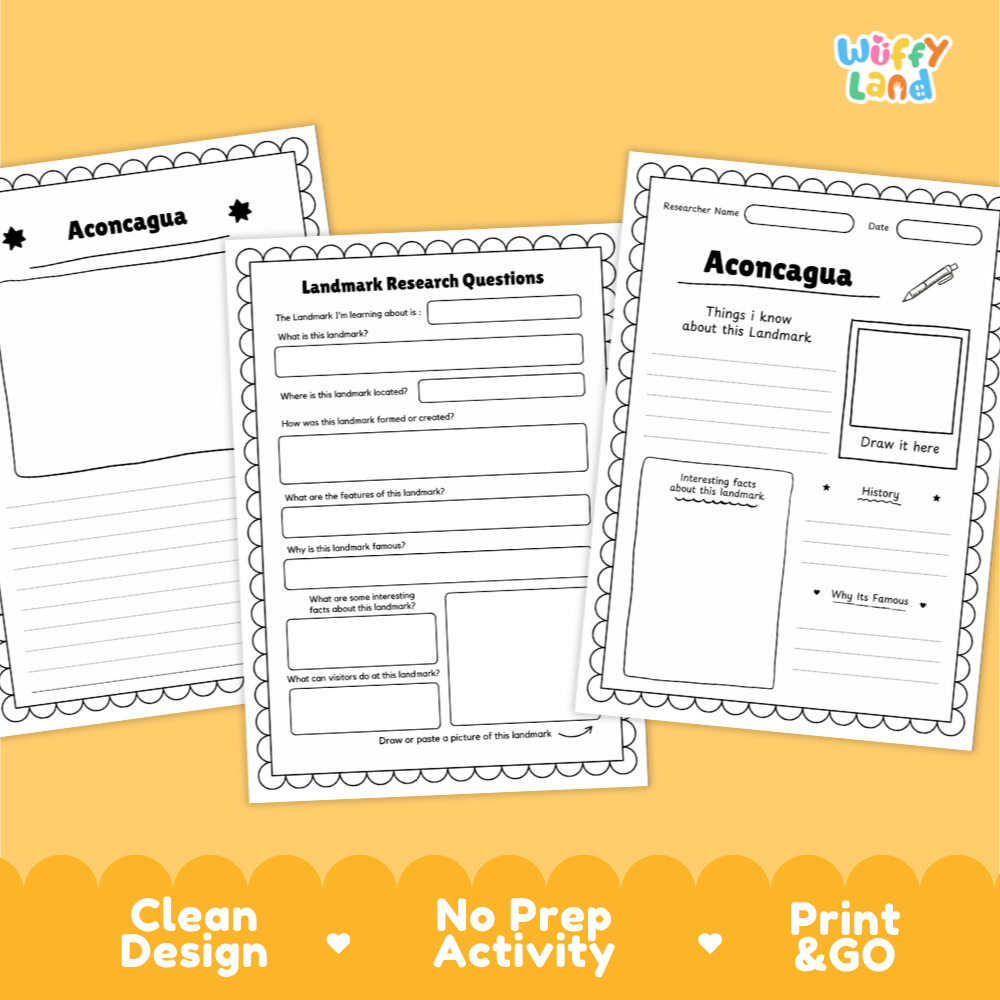 Three printable worksheet pages for Aconcagua landmarker research, shown on a warm yellow background with decorative text banners at the bottom. The worksheets have black scalloped borders and printed text fields such as 'Aconcagua,' 'Landmark Research Questions,' and 'Aconcagua.