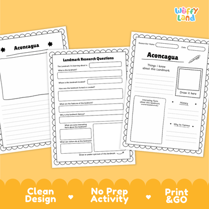 Three printable worksheet pages for Aconcagua landmarker research, shown on a warm yellow background with decorative text banners at the bottom. The worksheets have black scalloped borders and printed text fields such as 'Aconcagua,' 'Landmark Research Questions,' and 'Aconcagua.