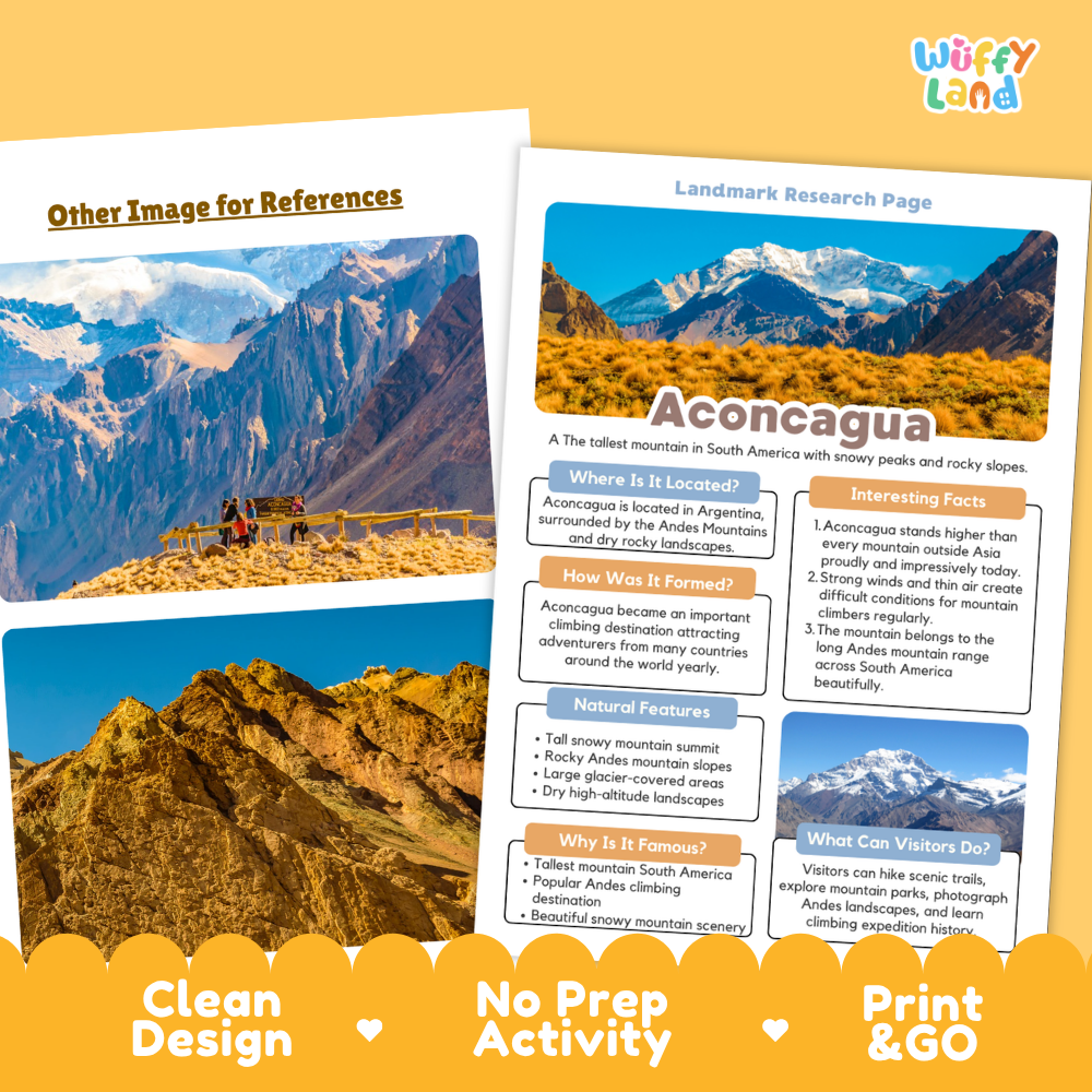 Two printed educational poster sheets about Aconcagua displayed on a light gray background with decorative orange and yellow graphic banners. The sheets contain mountain photographs and text sections including 'Landmark Research Page,' 'Aconcagua,' 'Where Is It Located,' 'How It Was Formed,' 'Natural Features,' 'Why It Is Famous,' and 'When Can Visitors Do.