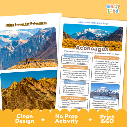 Two printed educational poster sheets about Aconcagua displayed on a light gray background with decorative orange and yellow graphic banners. The sheets contain mountain photographs and text sections including 'Landmark Research Page,' 'Aconcagua,' 'Where Is It Located,' 'How It Was Formed,' 'Natural Features,' 'Why It Is Famous,' and 'When Can Visitors Do.