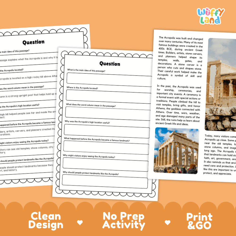 Student reading passage titled A Hilltop Landmark in Athens detailing Acropolis history the Parthenon temple and Greek architectural photography