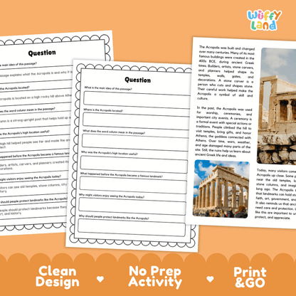 Student reading passage titled A Hilltop Landmark in Athens detailing Acropolis history the Parthenon temple and Greek architectural photography