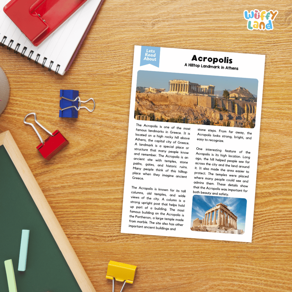 Lined reading comprehension question worksheet covering main ideas vocabulary terms and landmark facts about the Acropolis