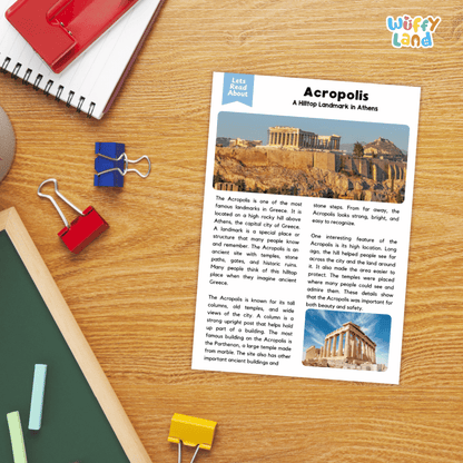 Lined reading comprehension question worksheet covering main ideas vocabulary terms and landmark facts about the Acropolis