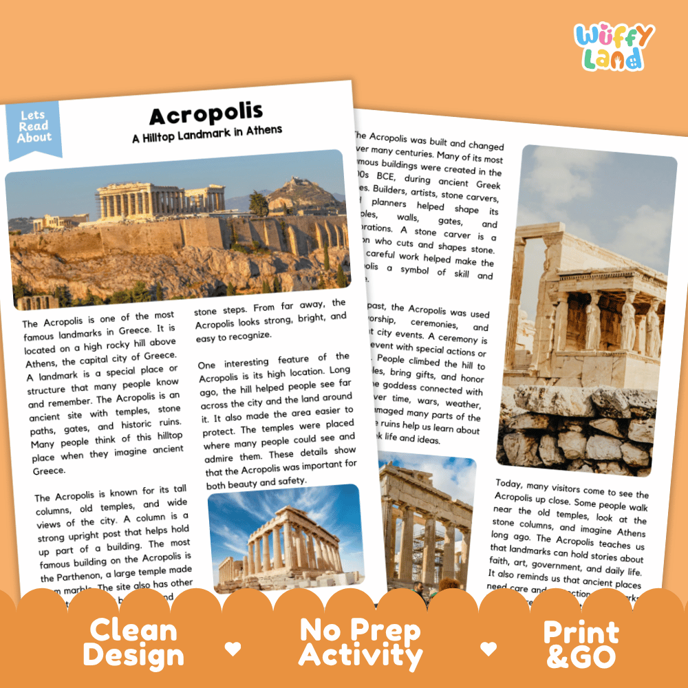 Reference sheet and answer key for Acropolis landmark reading passage displaying completed comprehension answers and ancient Greece history facts