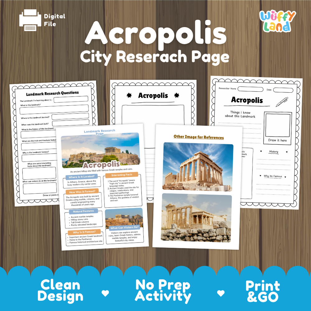 Acropolis City Research Page activity sheet set by Wiffy Land, featuring multiple printed worksheet pages with images of the Acropolis in Athens, shown on a wood-textured background with promotional text at the bottom.