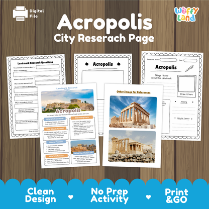 Acropolis City Research Page activity sheet set by Wiffy Land, featuring multiple printed worksheet pages with images of the Acropolis in Athens, shown on a wood-textured background with promotional text at the bottom.