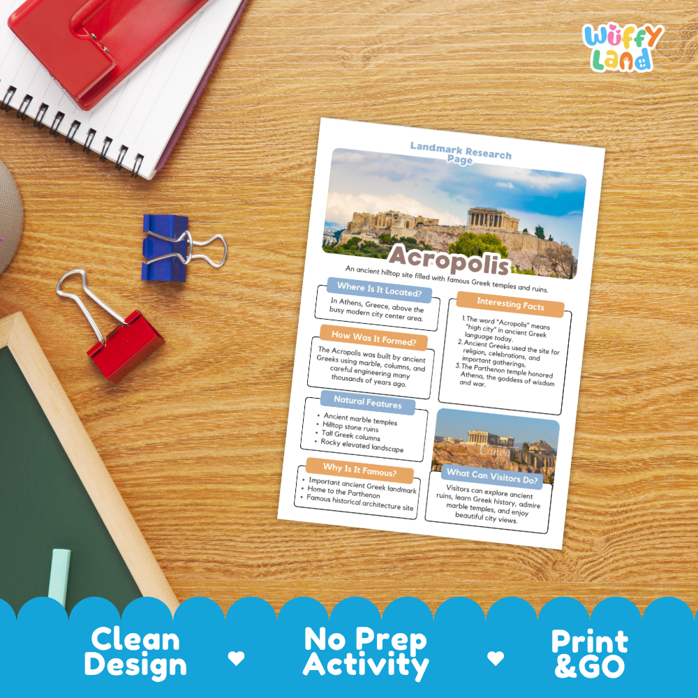 An educational 'Landmark Research Keys' activity sheet about Acropolis, displayed on a wooden desk with school supplies. The sheet features a white background with colorful text boxes, a top photo of the Acropolis, and a bottom photo of the Parthenon.