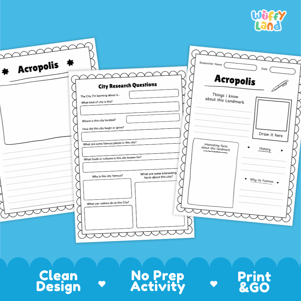 Three printable worksheet pages for Acropolis city research are shown on a bright blue background. The pages are white with black text and border decorations, featuring fields for writing, drawing, and reflection.
