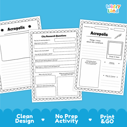 Three printable worksheet pages for Acropolis city research are shown on a bright blue background. The pages are white with black text and border decorations, featuring fields for writing, drawing, and reflection.