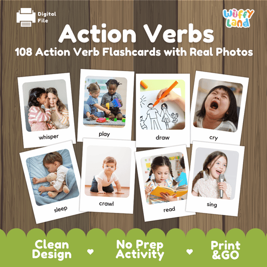 Action Verbs 108 action verb flashcards with real photos printable activity pack overview from Wuffy Land 🏃‍♀️📸
