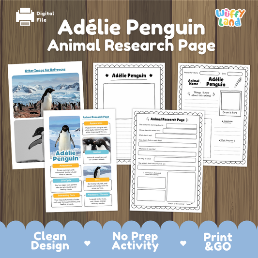 Digital preview of an 'Adélie Penguin Animal Research Page' activity sheet set by Wiffy Land, displayed on a wood-grain background with a blue scalloped banner at the bottom highlighting key features.
