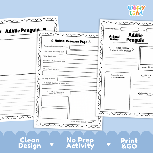 Three printable worksheet pages for an animal research activity about Adélè penguin, shown on a light blue background with promotional text at the bottom. The sheets are white with black printed text and borders, and the brand name 'Wuffi Land' appears in the top right.