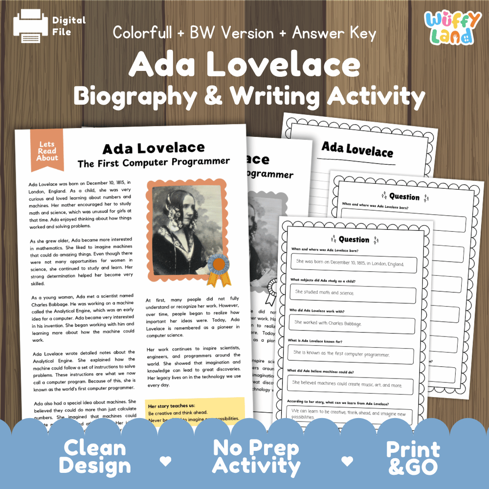 Digital printable activity sheet set for 'Ada Lovelace Biography & Writing Activity' by Ubitoy Land, featuring a colorful cover page, a black-and-white version, and an answer key on a wooden background.