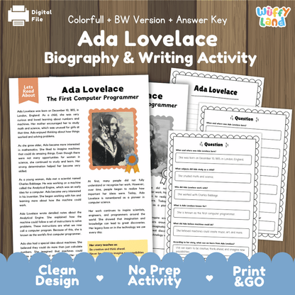 Digital printable activity sheet set for 'Ada Lovelace Biography & Writing Activity' by Ubitoy Land, featuring a colorful cover page, a black-and-white version, and an answer key on a wooden background.