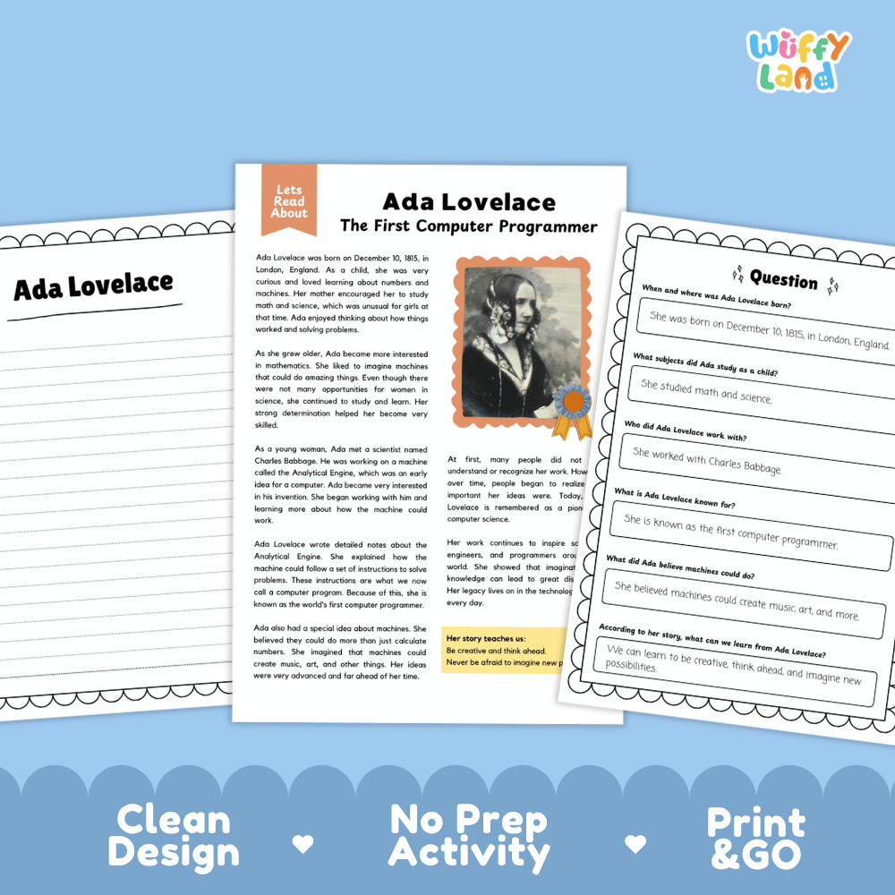 A digital preview of a printable educational activity sheet set by Wiffly Land, featuring an 'Ada Lovelace' text activity page and a corresponding question sheet on a light blue background with decorative scalloped borders and the text 'Clean Design', 'No Prep Activity', and 'Print & GO'.
