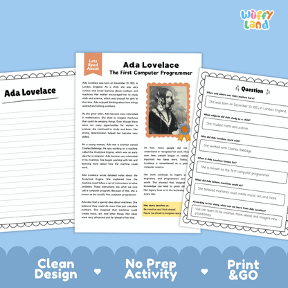 A digital preview of a printable educational activity sheet set by Wiffly Land, featuring an 'Ada Lovelace' text activity page and a corresponding question sheet on a light blue background with decorative scalloped borders and the text 'Clean Design', 'No Prep Activity', and 'Print & GO'.