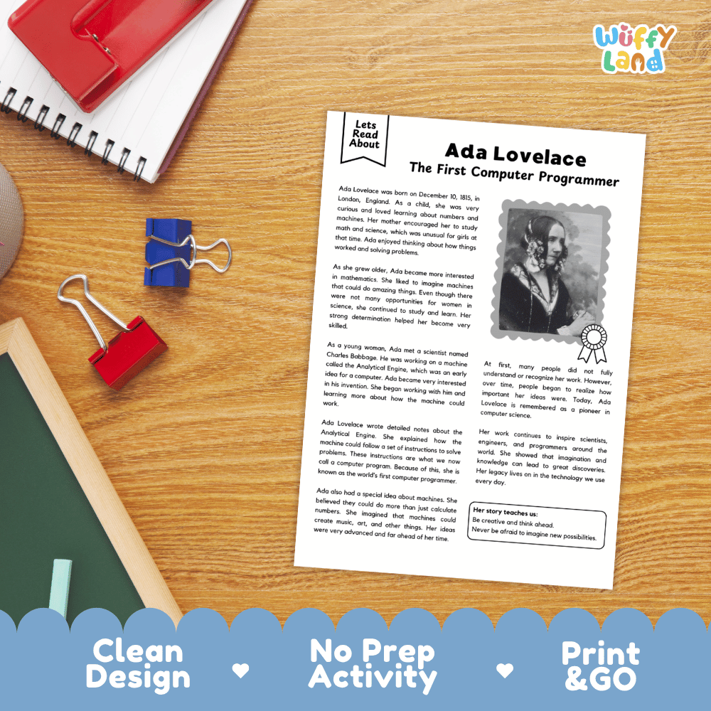 A printed educational worksheet titled 'Ada Lovelace: The First Computer Programmer' laid on a wooden desk, surrounded by school supplies including a spiral notebook, red binder clips, and a blue paperclip. The worksheet has a clean white layout with black text and a small portrait photo of Ada Lovelace.