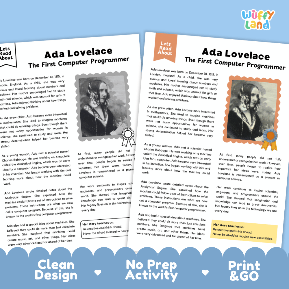 Two printed activity sheets for children titled 'Ada Lovelace: The First Computer Programmer' from the brand Wuffly Land, displayed on a blue background. The sheets feature text, a small portrait photo of Ada Lovelace, and decorative borders.