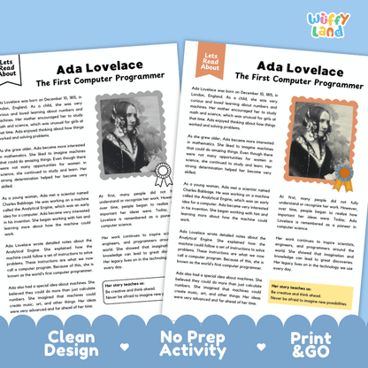 Two printed activity sheets for children titled 'Ada Lovelace: The First Computer Programmer' from the brand Wuffly Land, displayed on a blue background. The sheets feature text, a small portrait photo of Ada Lovelace, and decorative borders.