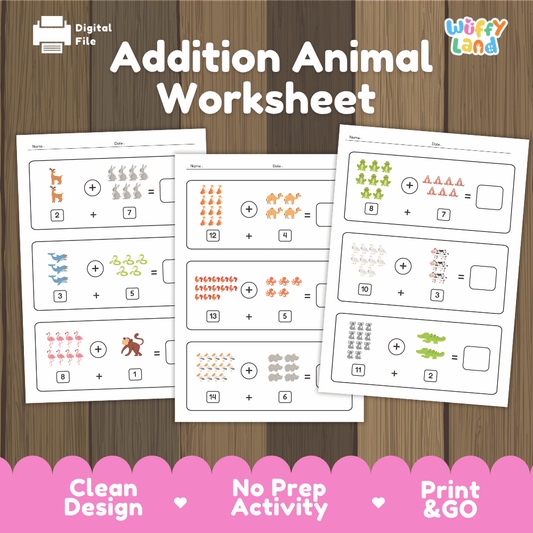 Addition animal worksheets printable math pack overview from Wuffy Land featuring picture counting equations up to 20 🦁🦩