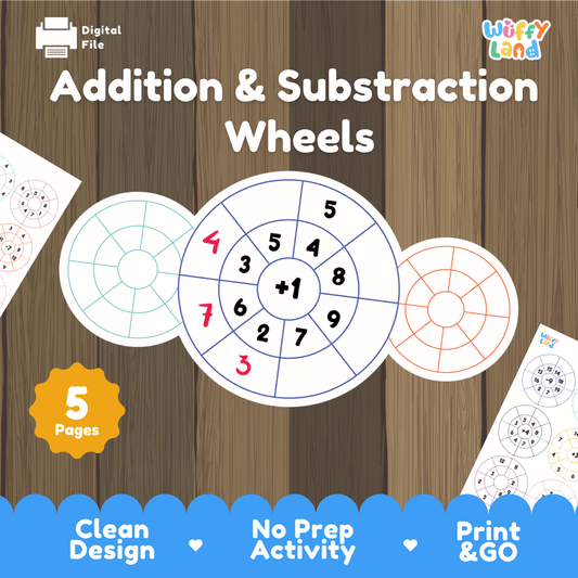 Addition and subtraction wheels 5-page printable math activity pack overview from Wuffy Land featuring circular addition and subtraction calculation wheels 🎯➕