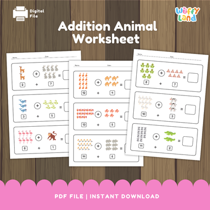 A set of printable “Addition Animal Worksheets” featuring colorful illustrations of animals like goats, rabbits, birds, snakes, camels, frogs, monkeys, and crocodiles. Each worksheet shows visual addition problems with animal groups and blank boxes for students to write the sum. Designed to help children practice addition using engaging animal-themed visuals.