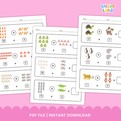 A set of printable “Addition Animal Worksheets” featuring colorful illustrations of animals like goats, rabbits, birds, snakes, camels, frogs, monkeys, and crocodiles. Each worksheet shows visual addition problems with animal groups and blank boxes for students to write the sum. Designed to help children practice addition using engaging animal-themed visuals.
