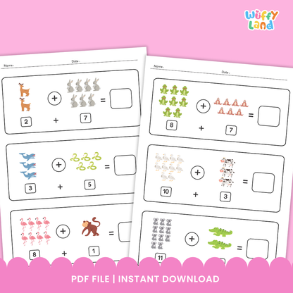 A set of printable “Addition Animal Worksheets” featuring colorful illustrations of animals like goats, rabbits, birds, snakes, camels, frogs, monkeys, and crocodiles. Each worksheet shows visual addition problems with animal groups and blank boxes for students to write the sum. Designed to help children practice addition using engaging animal-themed visuals