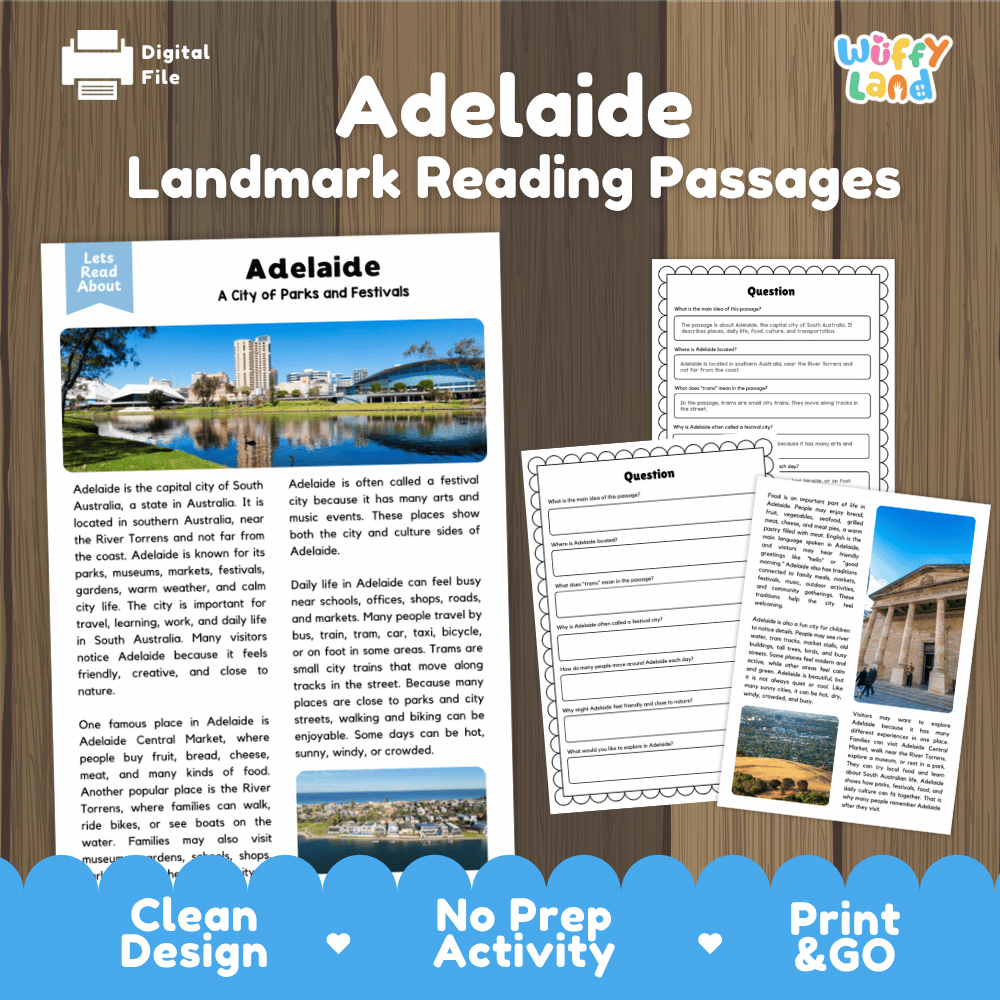 Adelaide landmark reading passage and comprehension worksheet educational unit featuring nonfiction text and authentic River Torrens Adelaide skyline photography