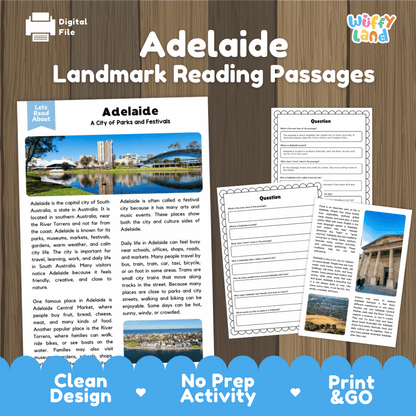 Adelaide landmark reading passage and comprehension worksheet educational unit featuring nonfiction text and authentic River Torrens Adelaide skyline photography
