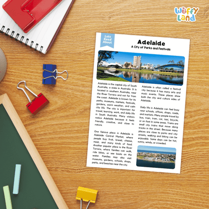Lined reading comprehension question worksheet covering main ideas vocabulary terms and landmark facts about Adelaide South Australia
