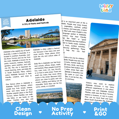 Reference sheet and answer key for Adelaide landmark reading passage displaying completed comprehension answers and Australian geography facts
