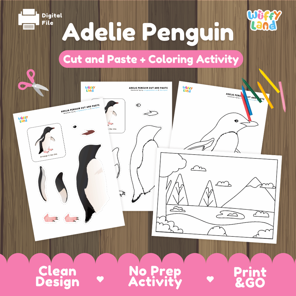 Adelie Penguin Cut and Paste Craft and Coloring Pages Activity Worksheets