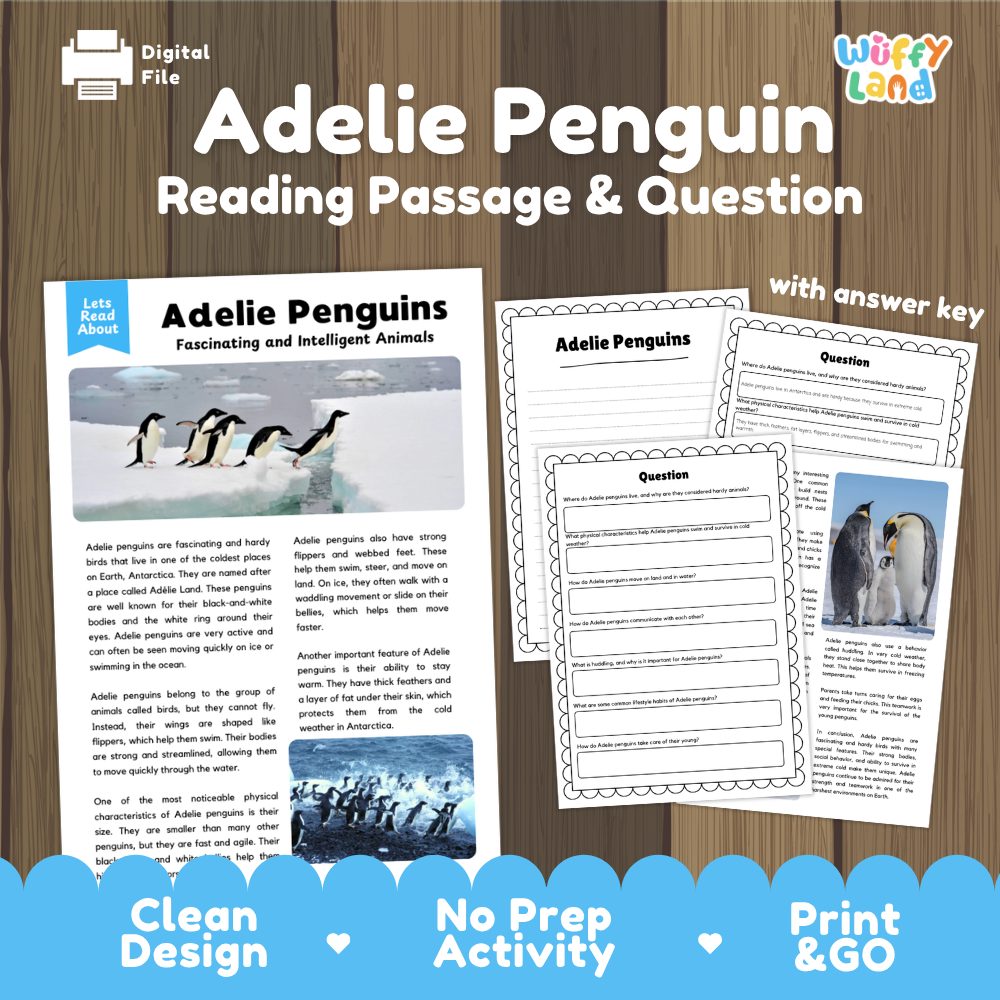 Digital reading activity product for 'Adelie Penguin' featuring a sample reading passage page and worksheet pages, displayed on a wood background with promotional text at the bottom.