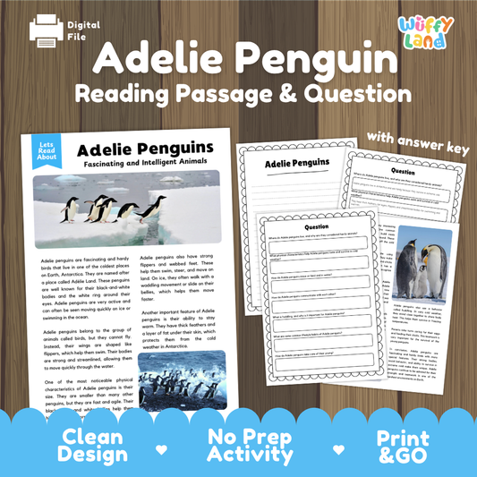 Digital reading activity product for 'Adelie Penguin' featuring a sample reading passage page and worksheet pages, displayed on a wood background with promotional text at the bottom.