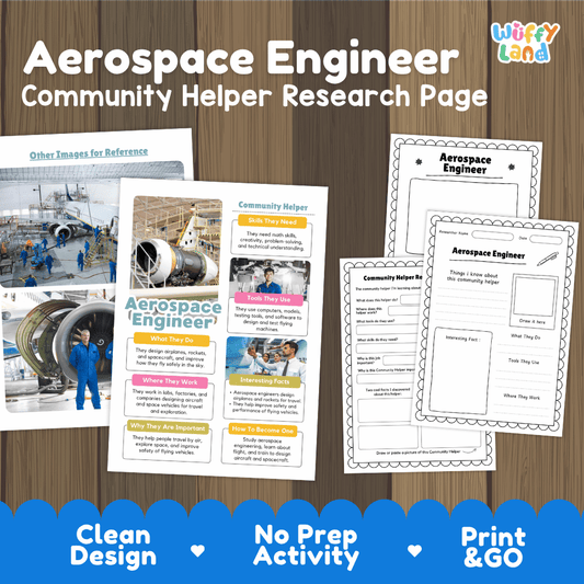 Aerospace engineer community helper research page writing worksheets pack featuring real photos and student activity pages for elementary social studies and STEM