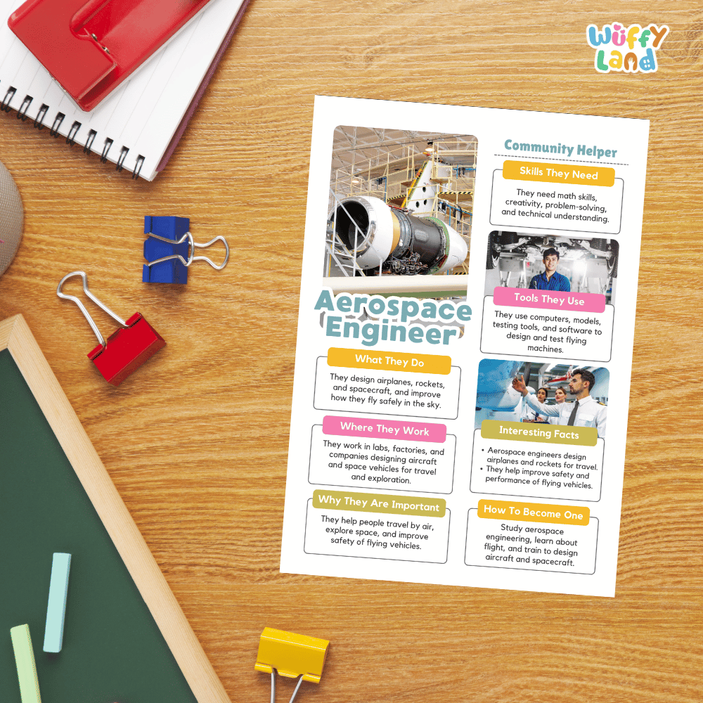 Guided student writing worksheets with lined sections for recording facts and a dedicated box for drawing or pasting a picture of an aerospace engineer