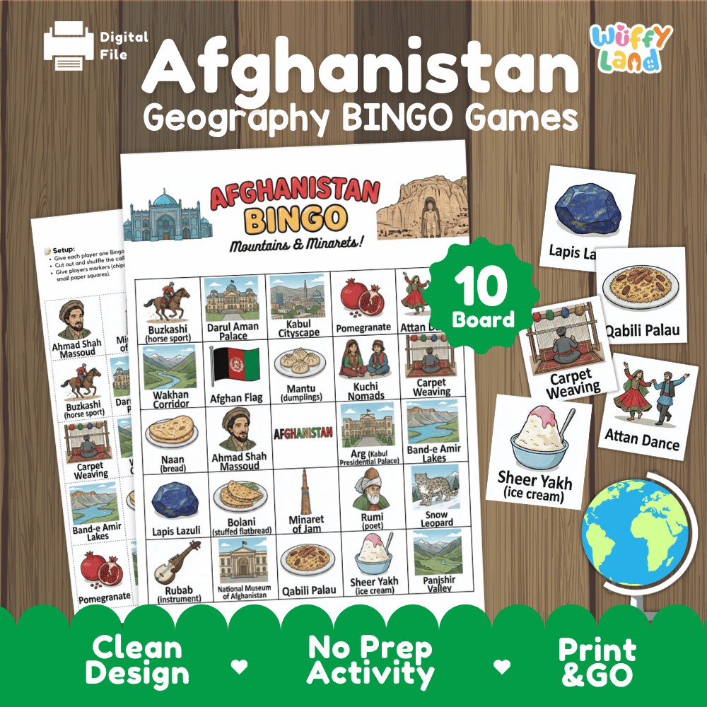 Classroom educational Bingo game cards featuring Minaret of Jam, Qabili Palau, Attan dance, and lapis lazuli 🎲🍚
