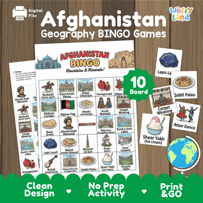 Classroom educational Bingo game cards featuring Minaret of Jam, Qabili Palau, Attan dance, and lapis lazuli 🎲🍚